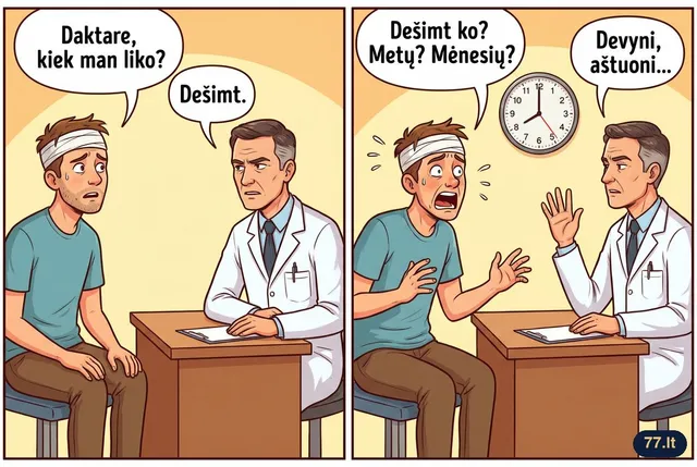 – Daktare, kiek man liko?
– Dešimt.
– Dešimt ko? Metų? Mėnesių?
– Devyni, aštuoni...