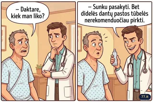 – Daktare, kiek man liko?
– Sunku pasakyti. Bet didelės dantų pastos tūbelės nerekomenduočiau pirkti.