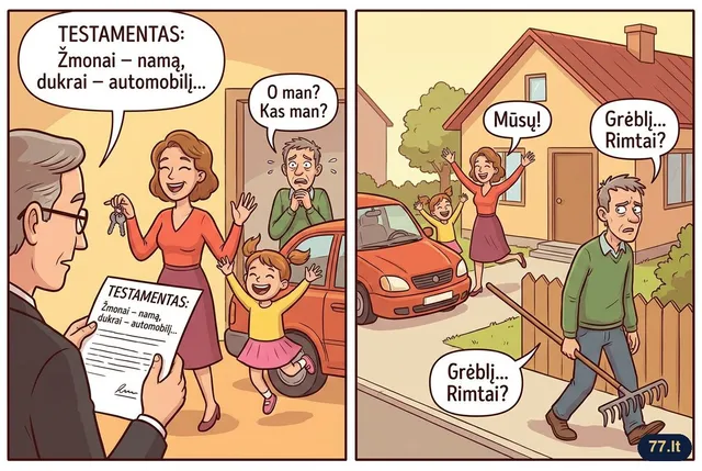 Testamentas: „Žmonai palieku namą, dukrai – automobilį, o kaimynui, kuris dvidešimt metų skolinosi mano grėblį, – pagaliau grėblį.“