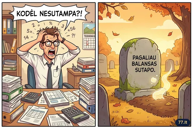 Užrašas ant buhalterio antkapio: „Pagaliau balansas sutapo.“