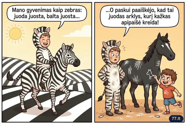 Mano gyvenimas kaip zebras: juoda juosta, balta juosta, juoda juosta. O paskui paaiškėjo, kad tai juodas arklys, kurį kažkas apipaišė kreida.