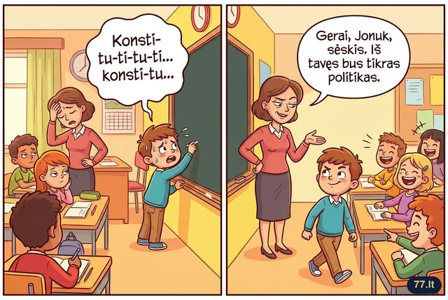 Per pilietiškumo pamoką Jonukas dešimt minučių bandė ištarti žodį „Konstitucija“: konsti-tu-ti-tu-ti... Pagaliau mokytoja atsiduso:
– Gerai, Jonuk, sėskis. Iš tavęs bus tikras politikas.