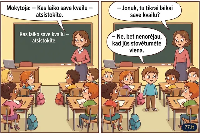 Mokytoja:
– Kas laiko save kvailu – atsistokite.
Po minutės atsistoja Jonukas.
– Jonuk, tu tikrai laikai save kvailu?
– Ne, bet nenorėjau, kad jūs stovėtumėte viena.