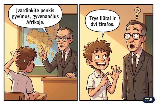– Įvardinkite penkis gyvūnus, gyvenančius Afrikoje.
– Trys liūtai ir dvi žirafos.
