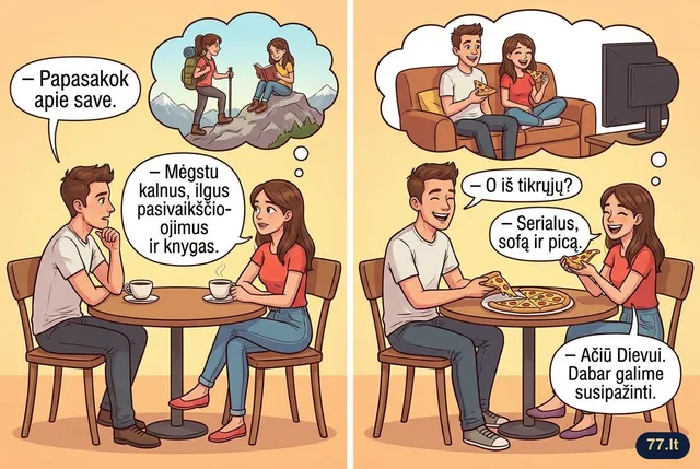 Pirmas pasimatymas:
– Papasakok apie save.
– Mėgstu kalnus, ilgus pasivaikščiojimus ir knygas.
– O iš tikrųjų?
– Serialus, sofą ir picą.
– Ačiū Dievui. Dabar galime susipažinti.