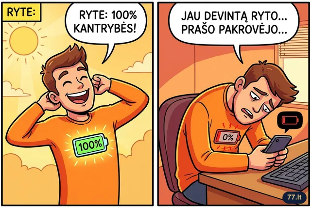 Mano kantrybė kaip telefono baterija: ryte šimtas procentų, o jau devintą prašo pakrovėjo.