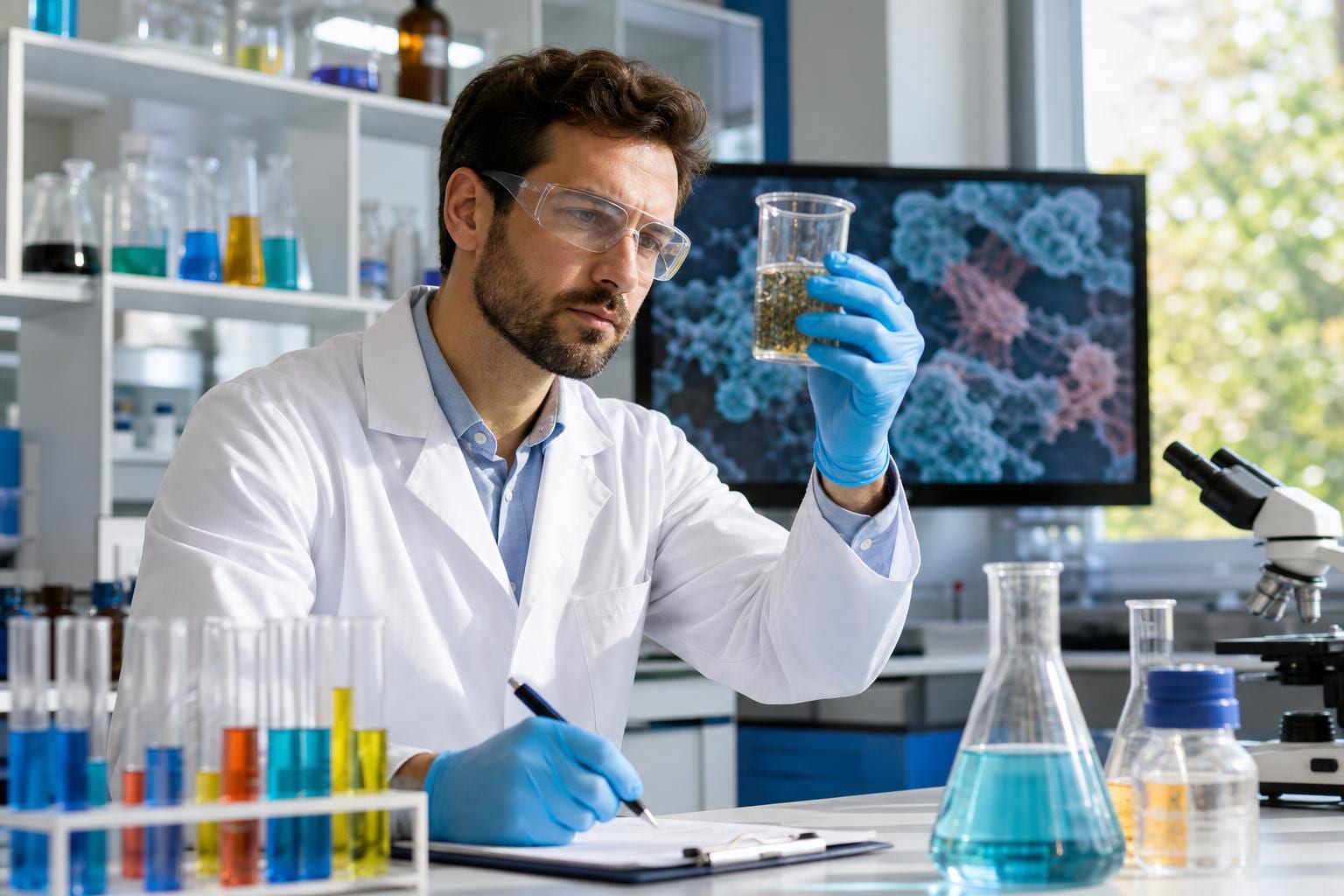 Mokslininkas laboratorijoje tiria išvalytų nuotekų mėginį ir užrašo vandens kokybės rezultatus