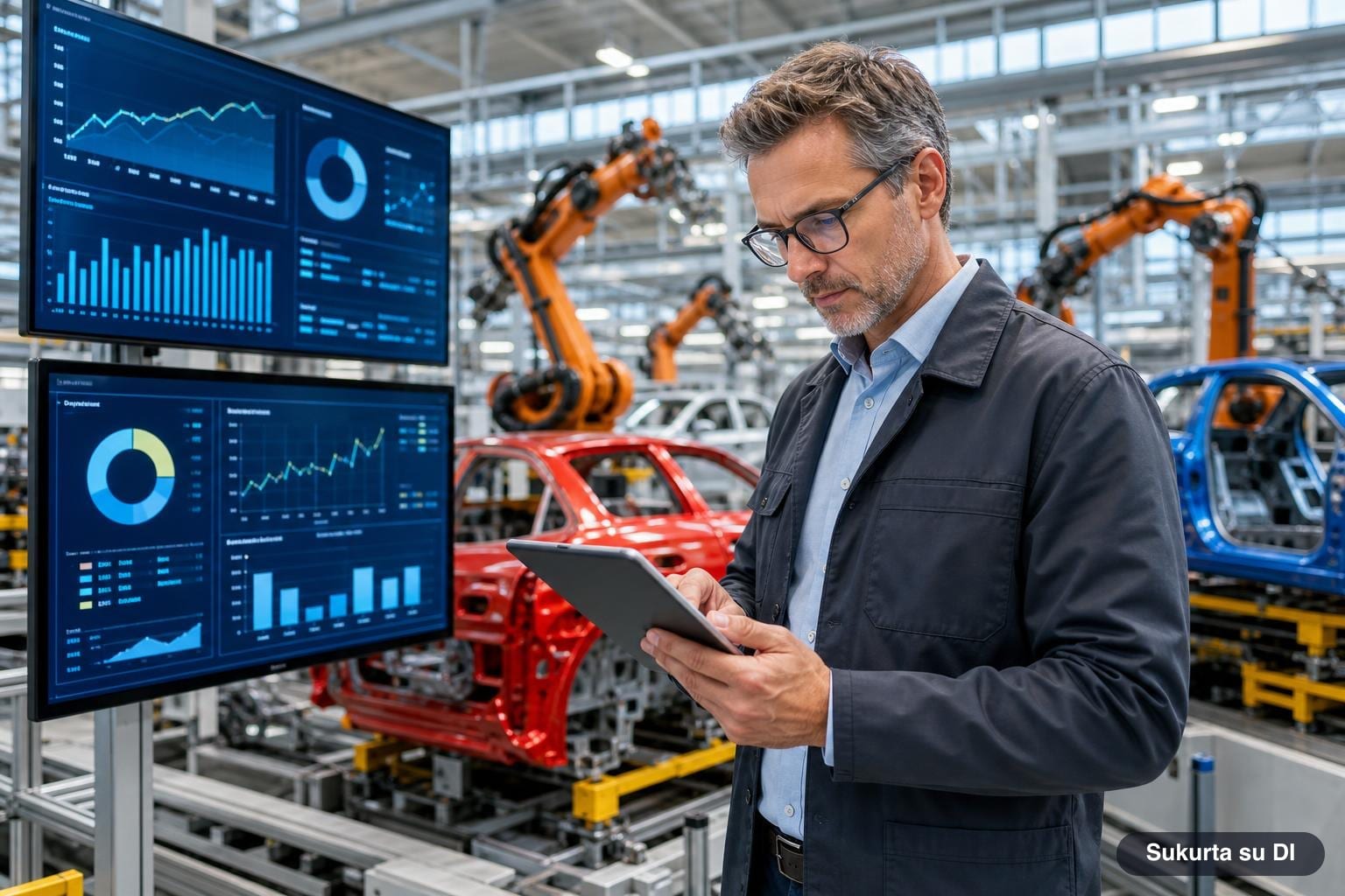 Inžinierius automobilių gamykloje planšetėje stebi robotų surinkimo linijos duomenis, fone juda robotų rankos