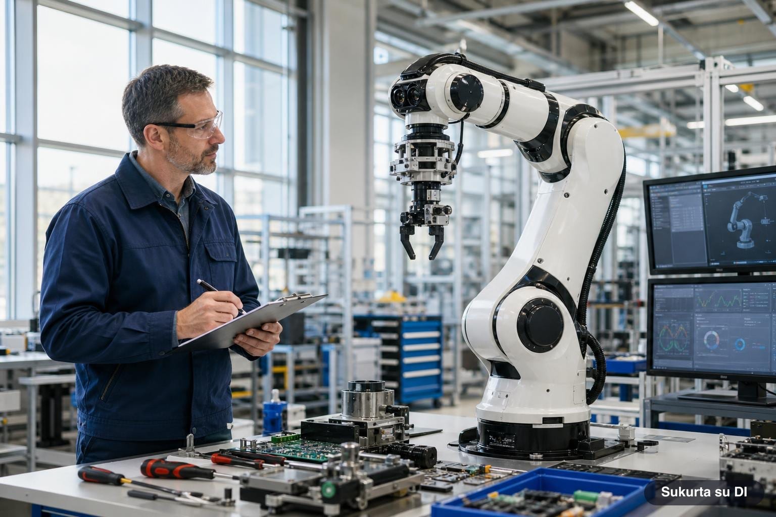 Technikas tikrina naujai įrengtą pramoninį robotą šviesioje gamykloje šalia darbastalio su ekranais ir įrankiais