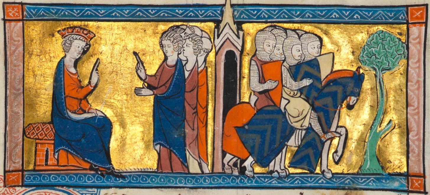 Viduramžių miniatiūra: Jeruzalės karalius Balduinas II taryboje ir išjojantys tamplieriai