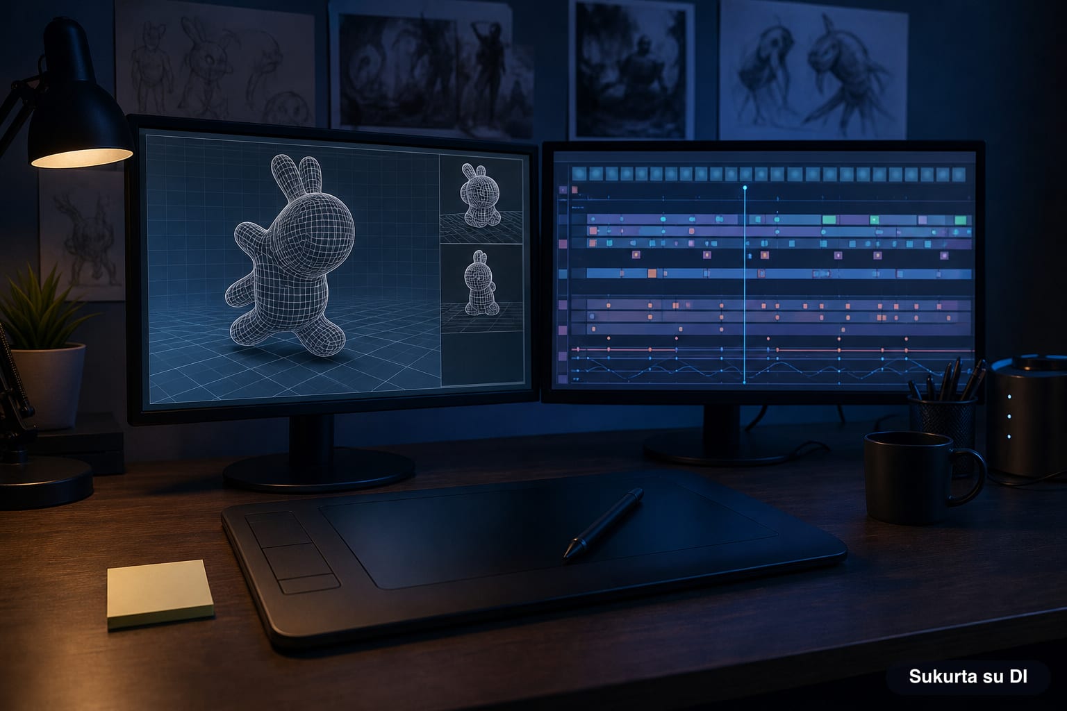 Animatoriaus darbo vieta: monitoriai su 3D modeliu ir animacijos laiko juosta