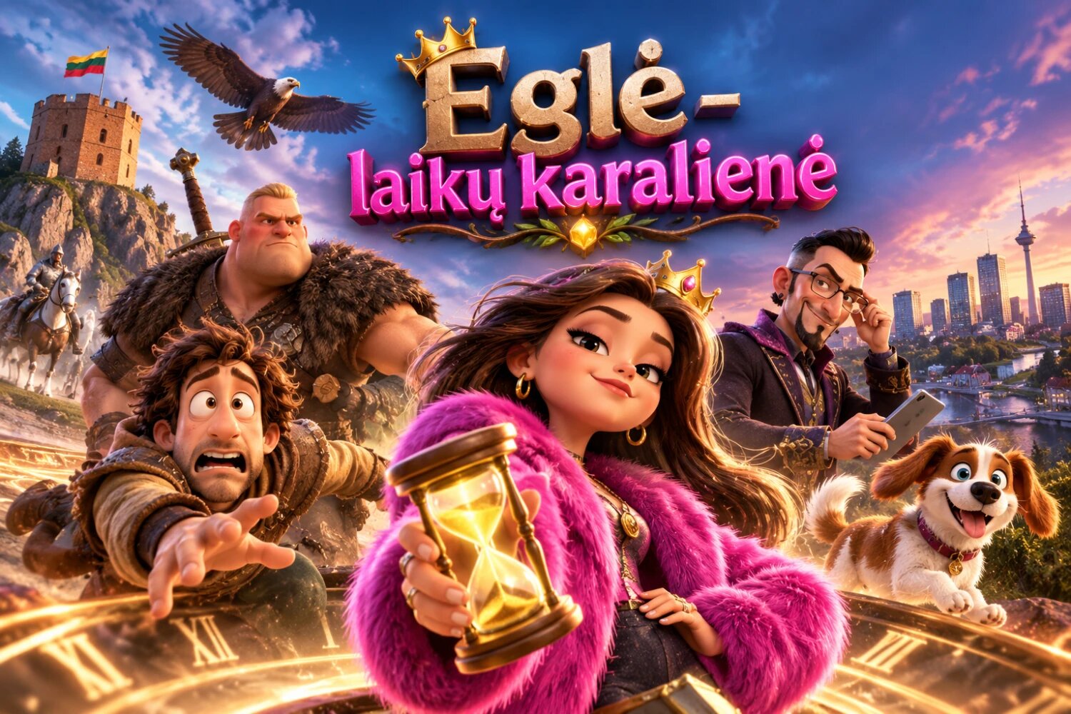 Filmo „Eglė laikų karalienė“ reklaminis vaizdas: Eglė su smėlio laikrodžiu, urvinis Žilvinas ir kiti personažai