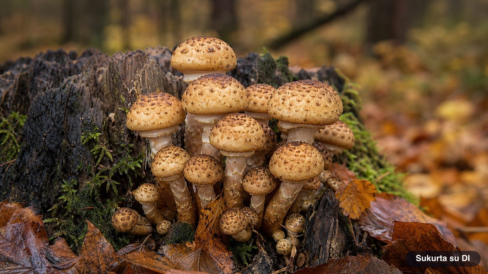 Jaunų kelmučių kekė su medaus spalvos kepurėlėmis ant seno kelmo rudens miške