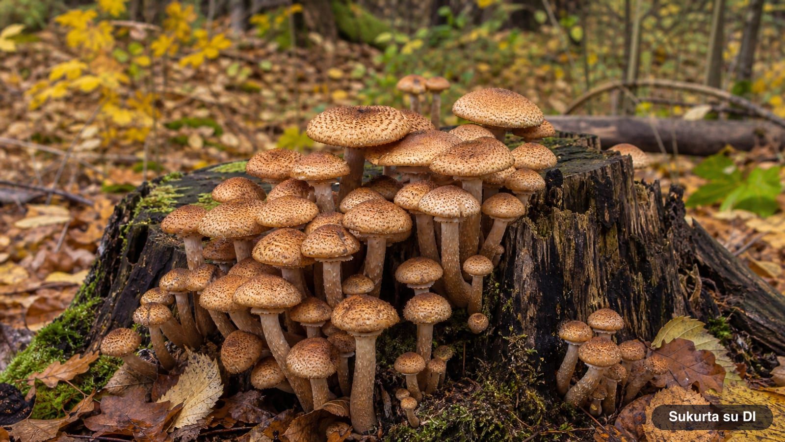 Kelmučių kekė ant seno kelmo rudens miške tarp nukritusių lapų