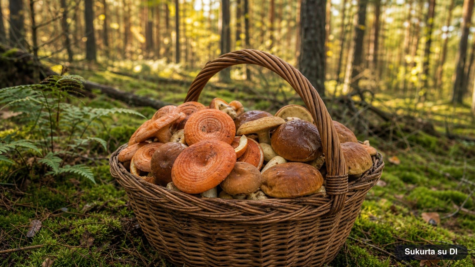 Pintinė su rudens grybais – rudmėsėmis, kazlėkais ir gudukais – ant samanų pušyne