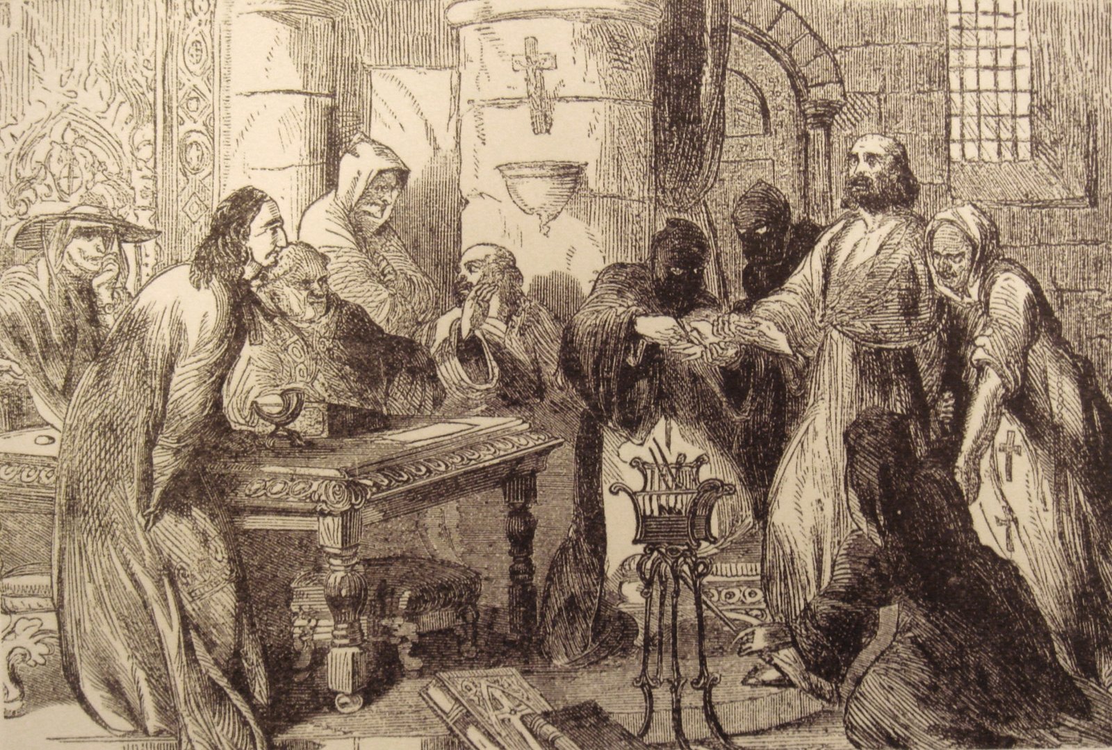 XIX a. graviūra: tamplierių didžiojo magistro Jacques'o de Molay tardymas