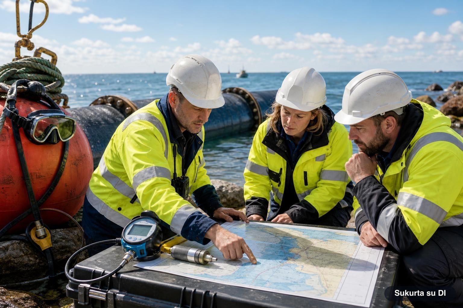 Trys inžinieriai su apsaugos įranga apžiūri Nord Stream vamzdyno atkarpą prie Baltijos jūros