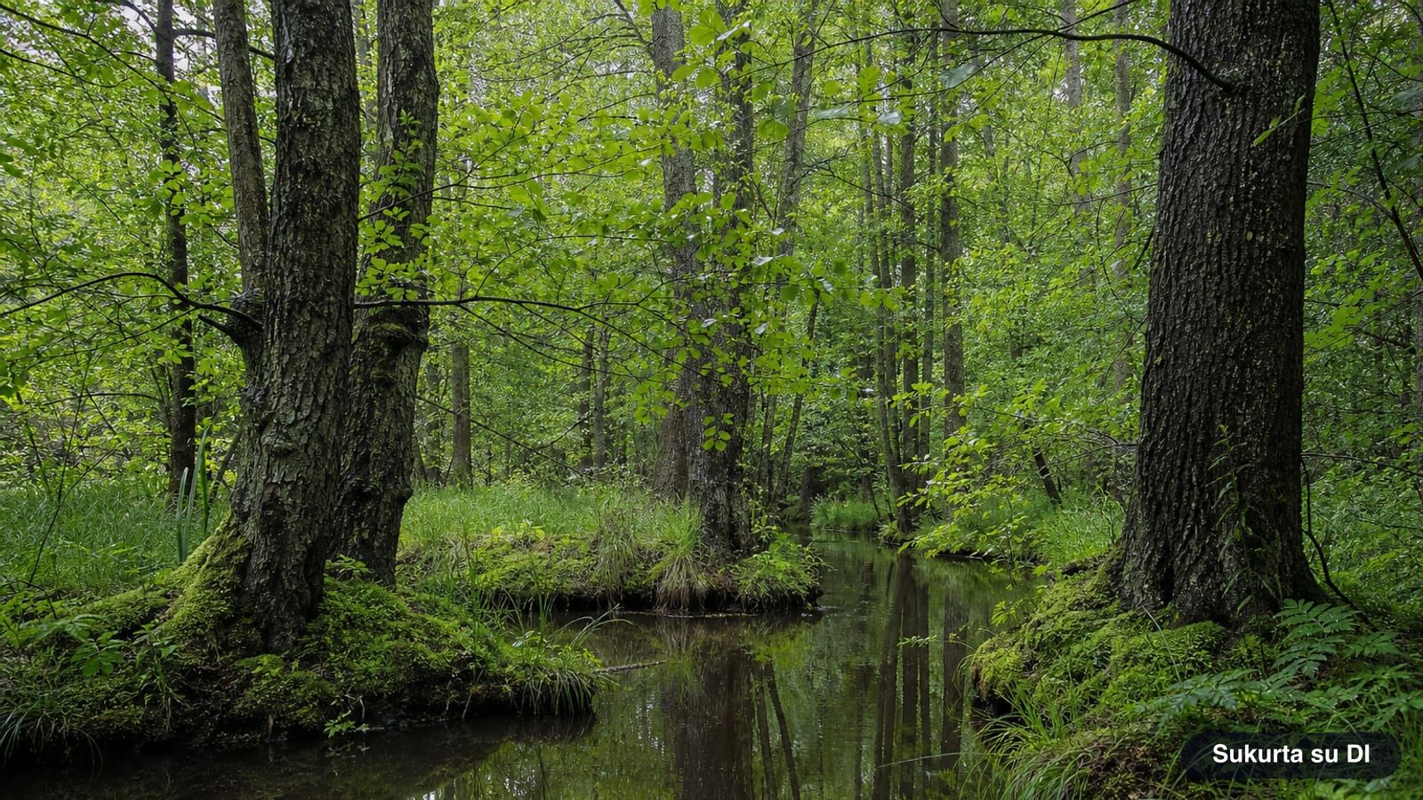 Juodalksnių miškas palei upelį su tamsiais kamienais ir kupstais vandenyje