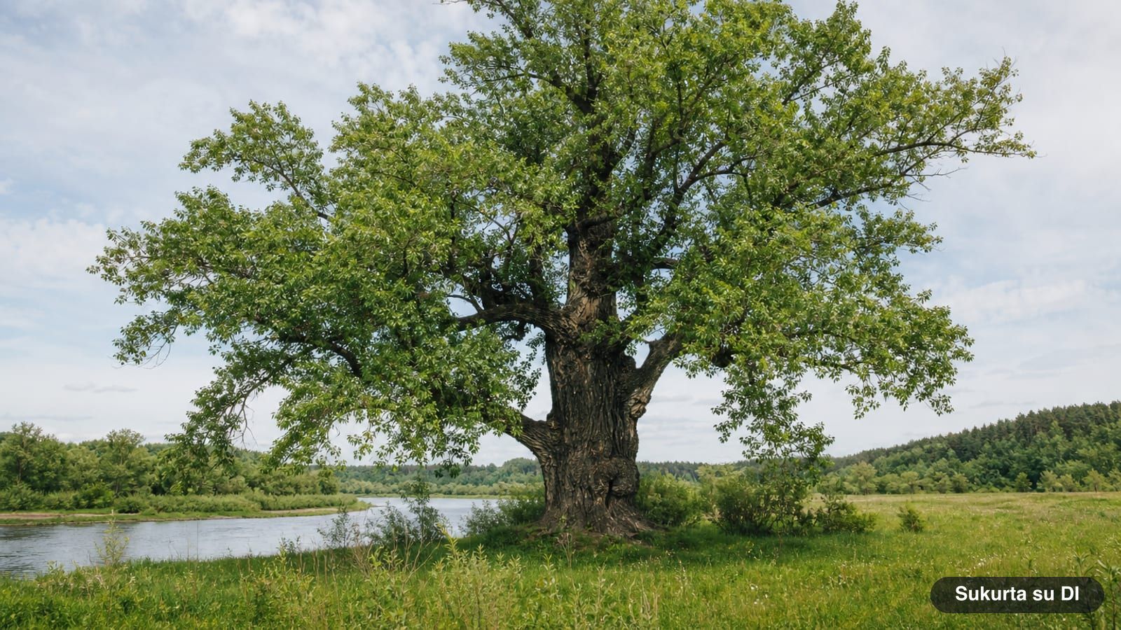 Didžiulė sena juodoji tuopa upės salpos pievoje vasarą
