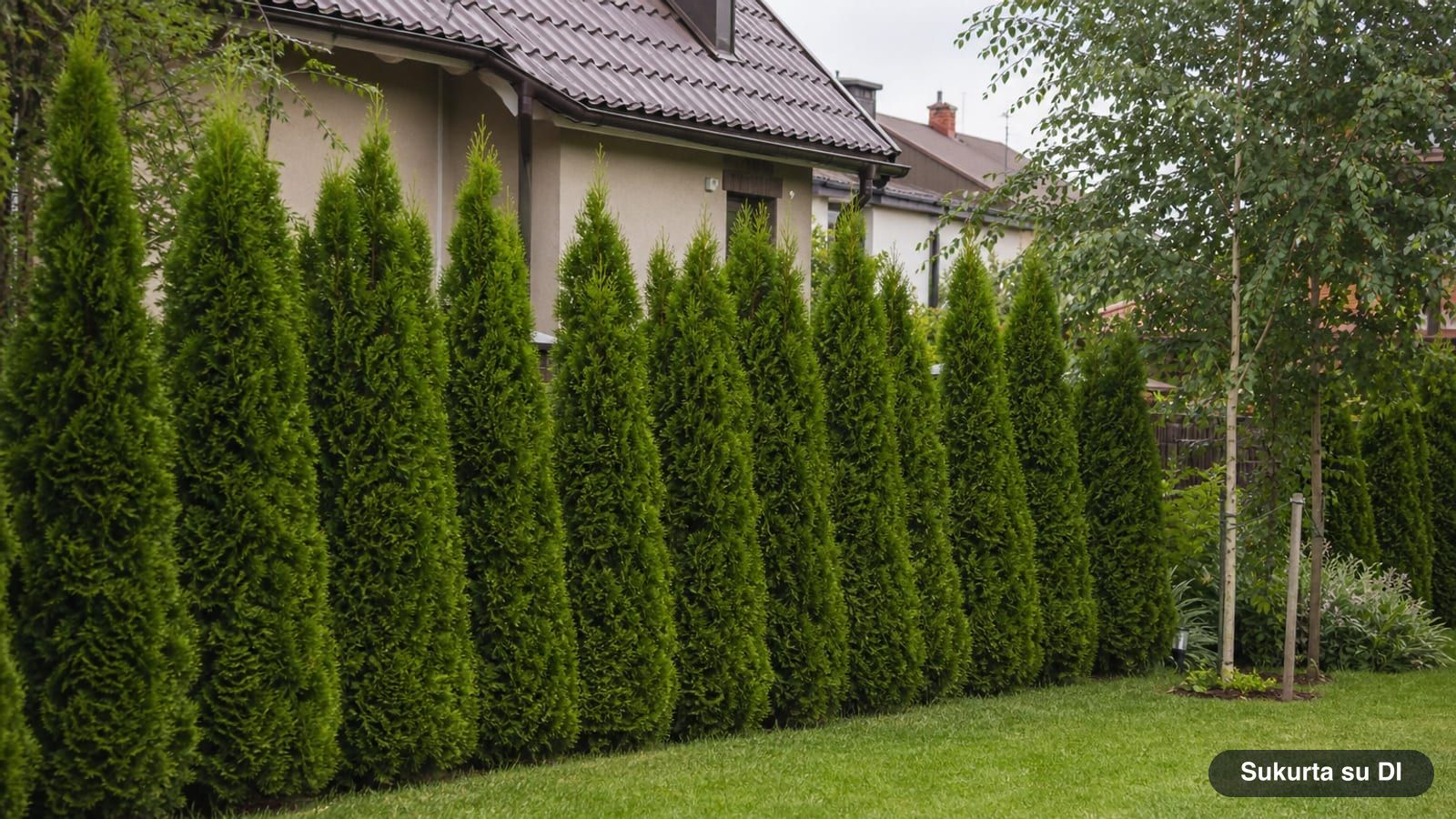 Eilė siaurų kūgiškų ryškiai žalių tujų sodo pakraštyje