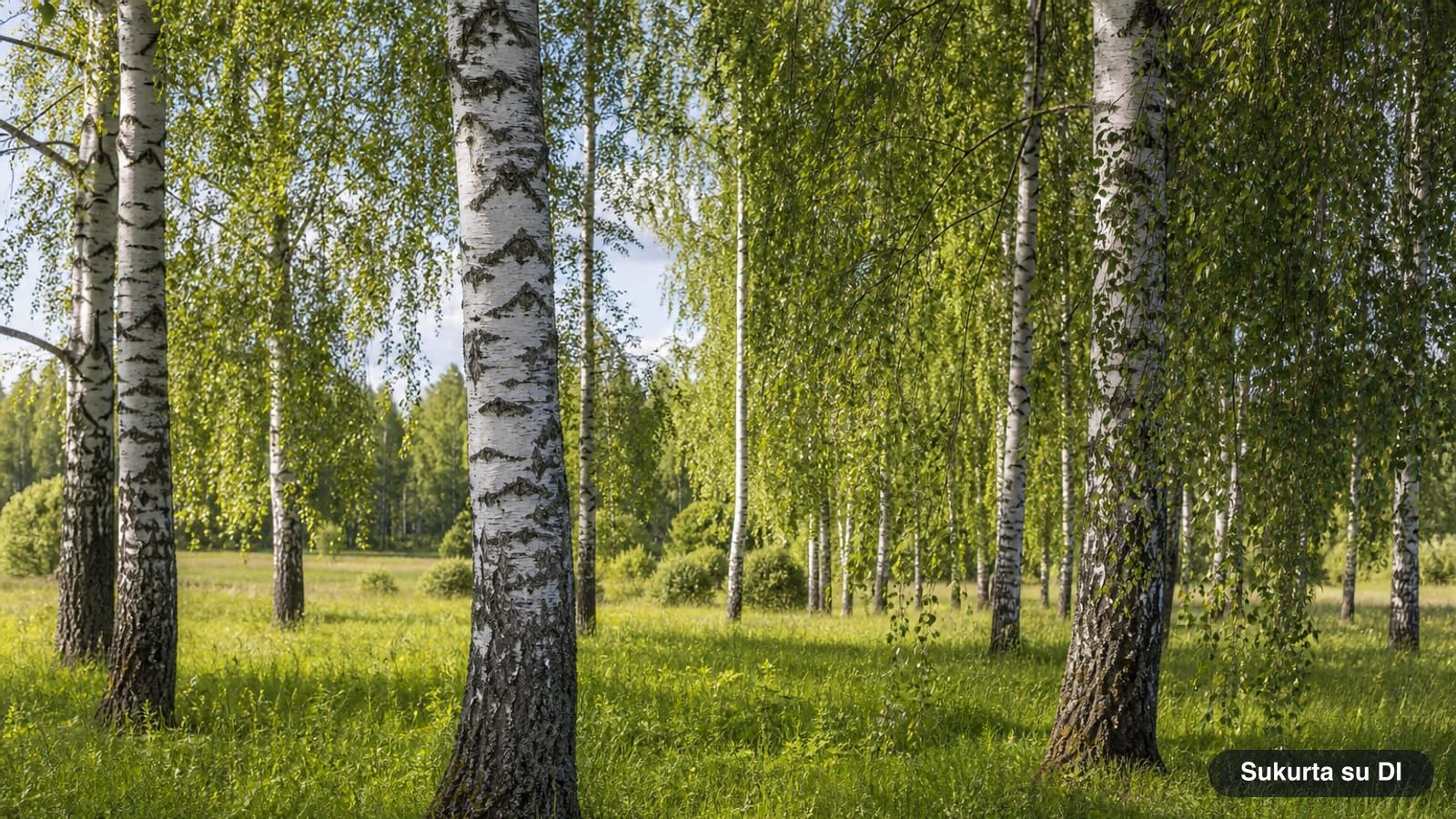 Karpotųjų beržų giraitė su baltais kamienais ir nusvirusiomis šakelėmis vasaros pradžioje