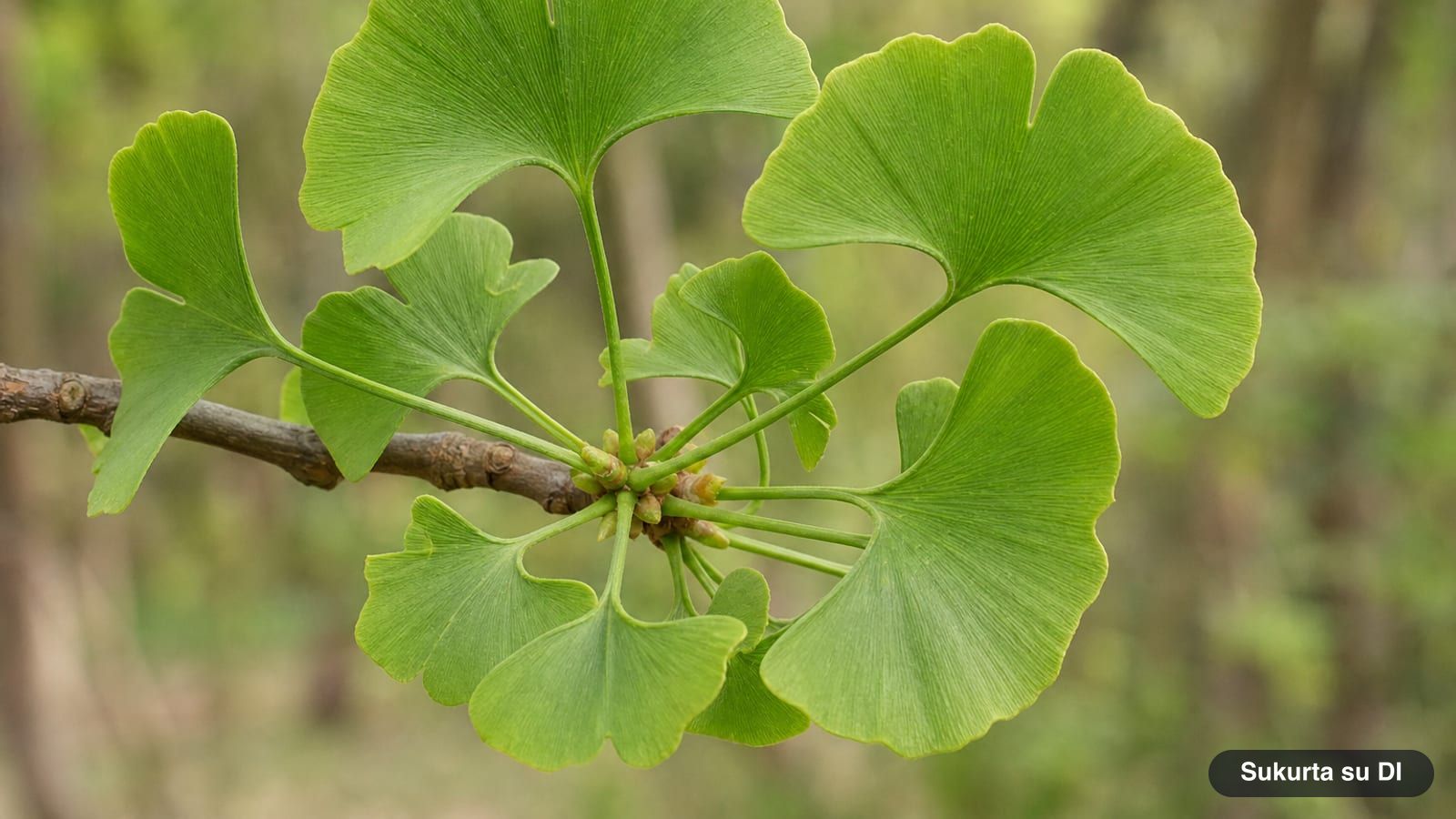 Dviskiaučio ginkmedžio vėduoklės formos lapai su įkirpimu viduryje ir lygiagrečiomis gyslomis