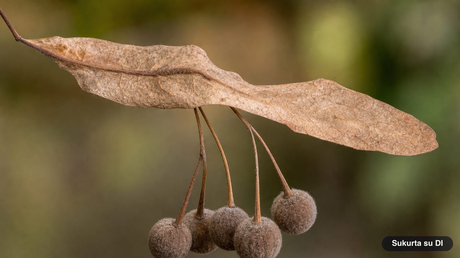 Mažalapės liepos apvalūs pilkšvi riešutėliai, kabantys ant sudžiūvusio žiedynlapio
