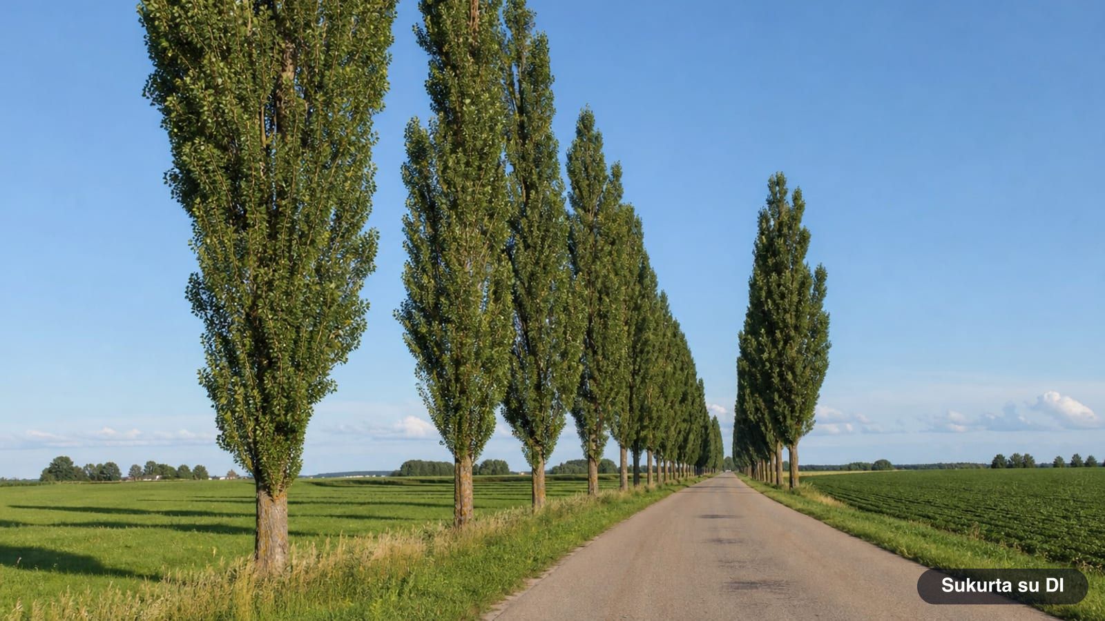 Piramidinių tuopų eilė prie tiesaus kaimo kelio vasarą