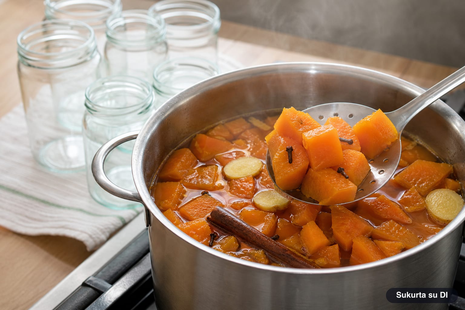 Moliūgo kubeliai verdami saldžiarūgščiame marinate su gvazdikėliais ir cinamono lazdele marinuotam moliūgui
