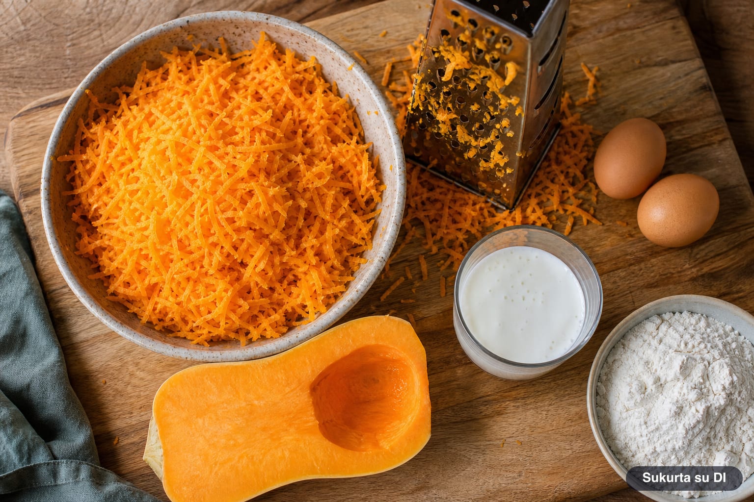 Smulkiai tarkuotas sviestinis moliūgas dubenyje ir ingredientai moliūgų blynams: kiaušiniai, kefyras ir miltai