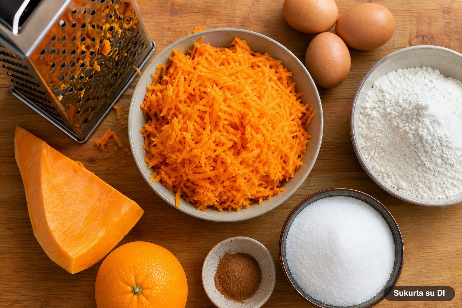 Smulkia tarka sutarkuotas oranžinis moliūgas dubenyje šalia kiaušinių, miltų ir cinamono moliūgų pyragui