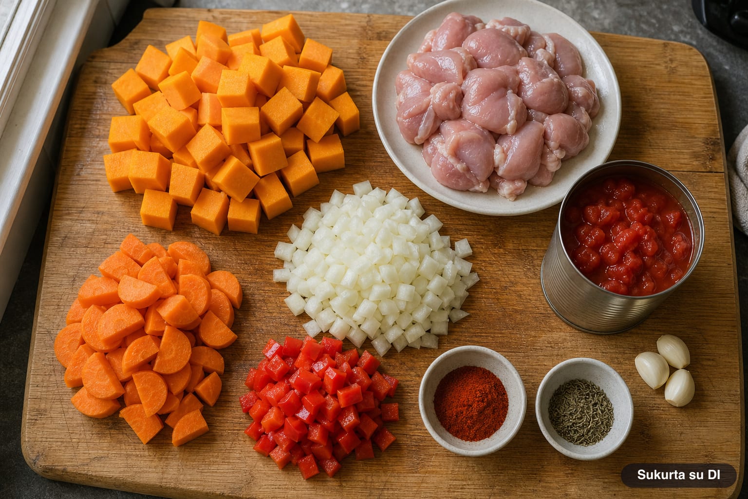 Moliūgų troškiniui paruošti ingredientai: moliūgo kubeliai, vištienos šlaunelių gabalėliai, morkos, paprika ir svogūnas ant pjaustymo lentos