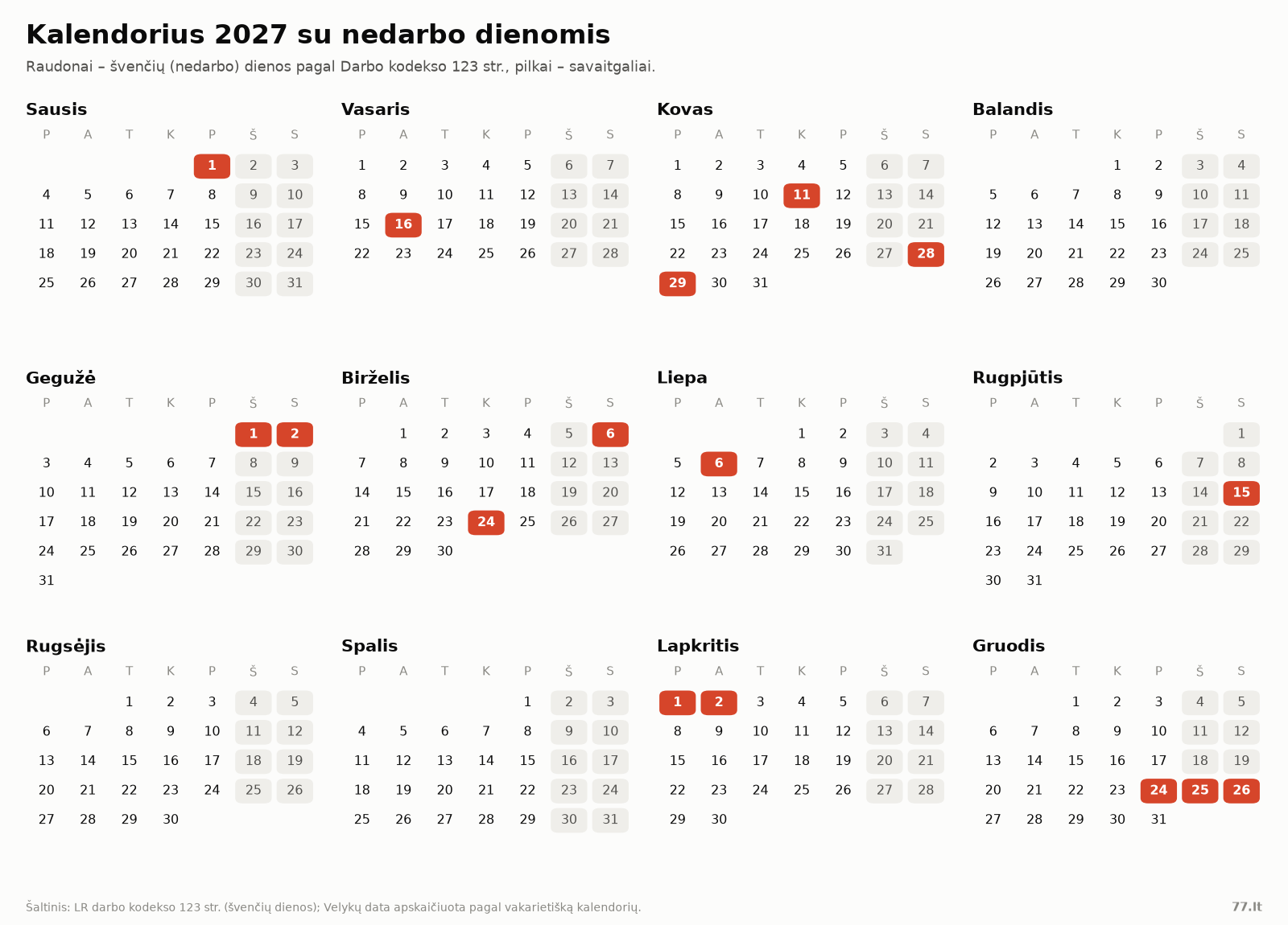Kalendorius 2027 su pažymėtomis Lietuvos nedarbo dienomis