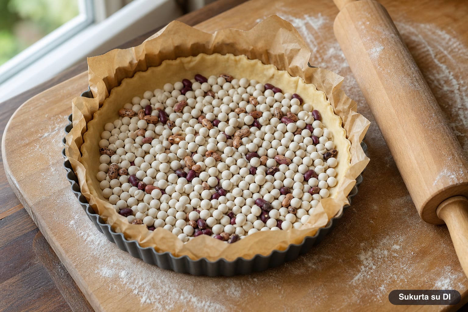 Trapia tešla išklota banguota tarte forma su kepimo popieriumi ir pupelėmis pirminiam pado kepimui