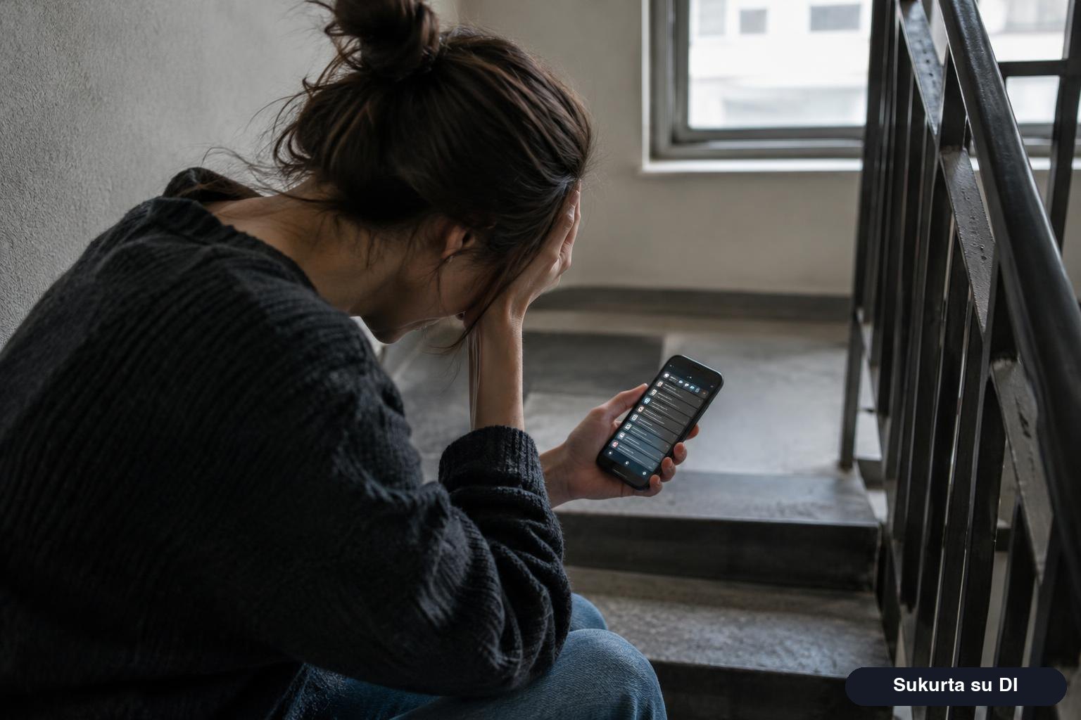 Moteris sėdi ant laiptų ir rankose laiko telefoną, ekrane neperskaitytos žinutės