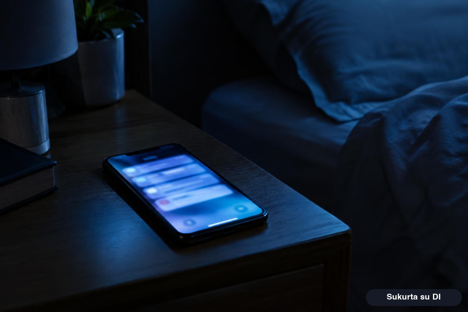Telefonas ant naktinio staliuko tamsoje su šviečiančiais neperskaitytų žinučių pranešimais