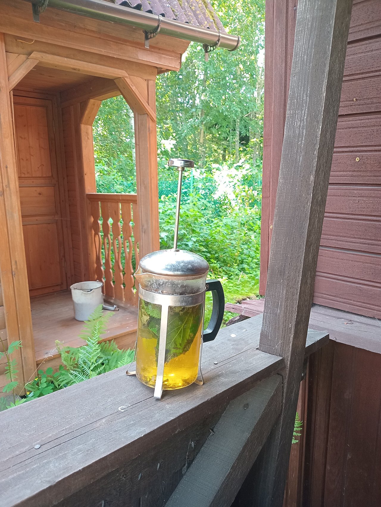 Stiklinis arbatinukas su gelsva juodųjų serbentų lapų arbata ant medinės terasos turėklų