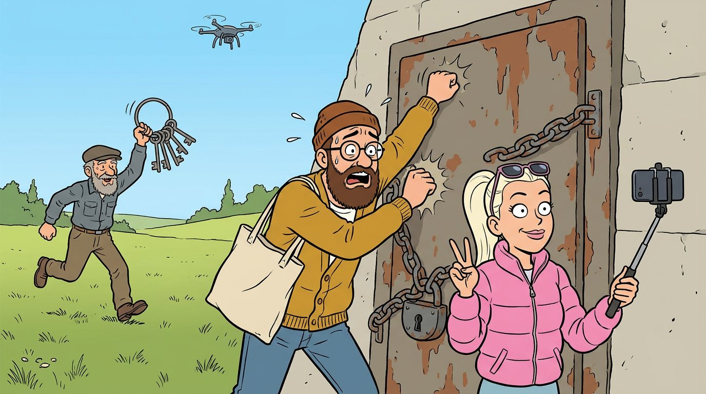 Komiksas: Algis beldžiasi į užrakintą priedangą, Monika filmuojasi, seniūnas bėga su raktais