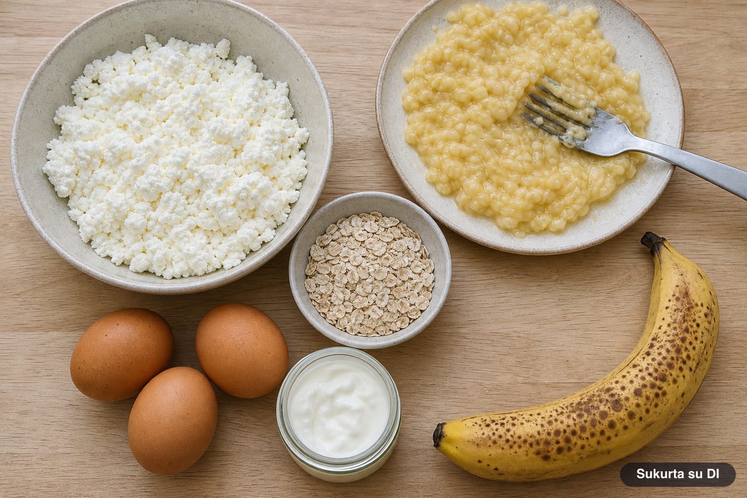 Sveiko varškės apkepo ingredientai: varškė, šakute sutrinti prinokę bananai, avižiniai dribsniai, kiaušiniai ir jogurtas