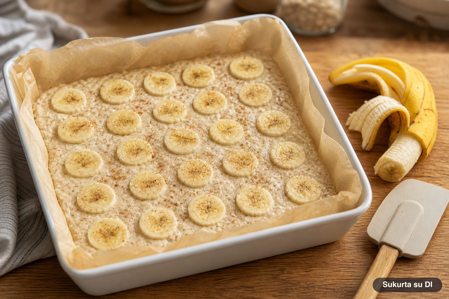 Varškės apkepo su bananais masė kepimo popieriumi išklotoje formoje, viršuje išdėlioti bananų griežinėliai