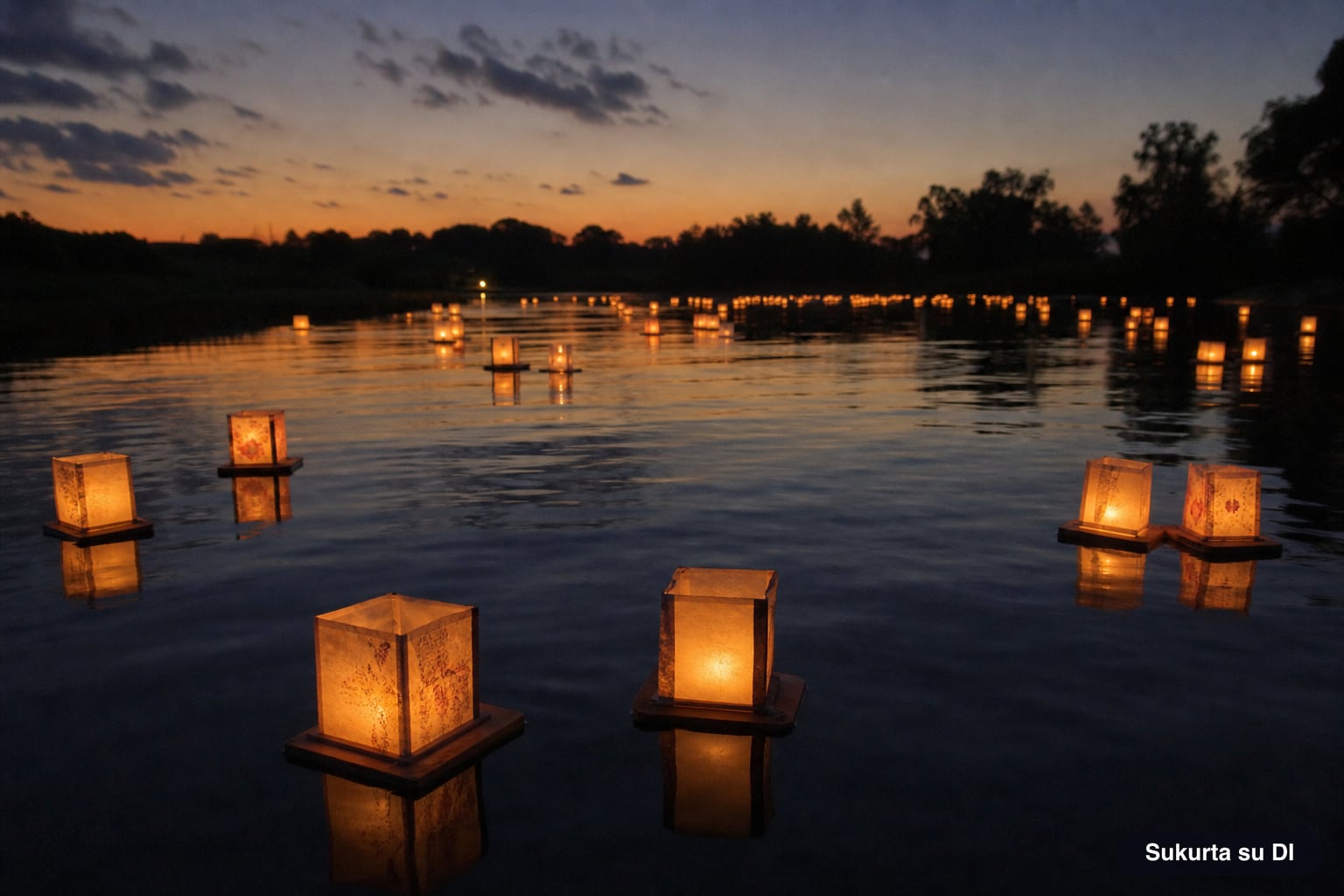 Popieriniai žibintai plaukia upe prieblandoje per Japonijos Obon šventę
