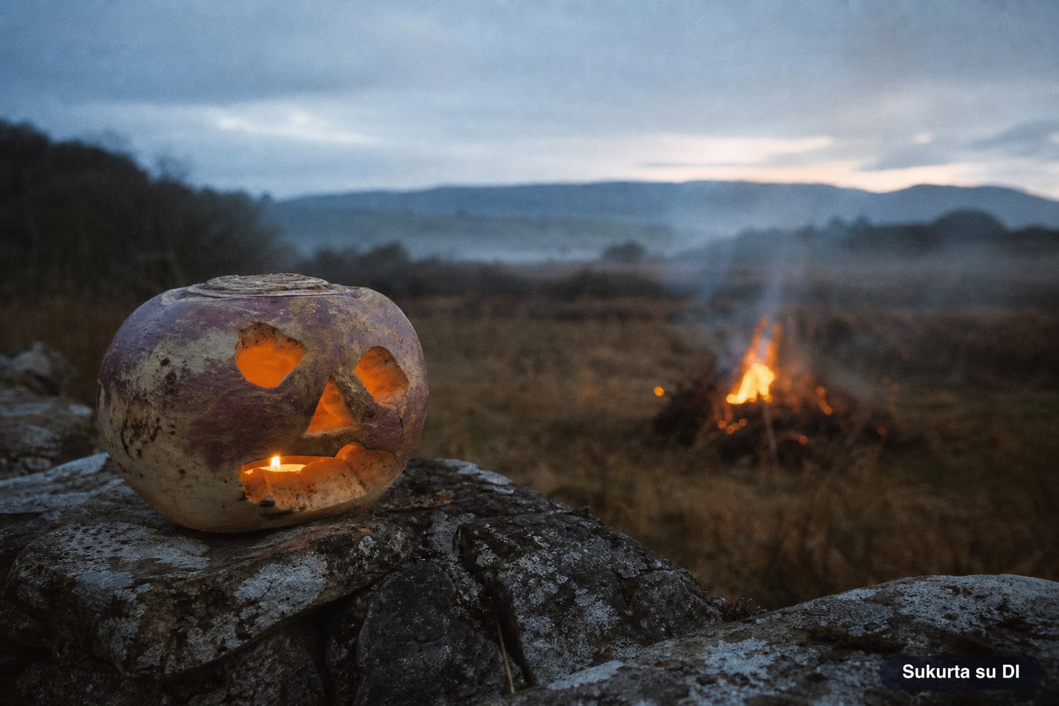 Išskaptuota ropė su žvake ant akmeninės tvoros, toliau laužas rūke – senoji airių Visų šventųjų išvakarių tradicija