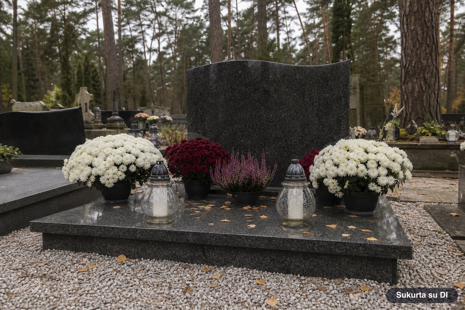 Sutvarkytas granitinis kapas su chrizantemomis, viržiais ir žibintais rudenį