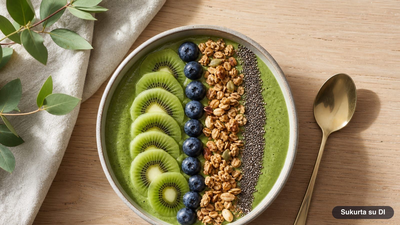 Žaliasis smoothie bowl dubenėlyje, papuoštas eilėmis išdėliotais kivio griežinėliais, mėlynėmis, granola ir chia sėklomis, vaizdas iš viršaus