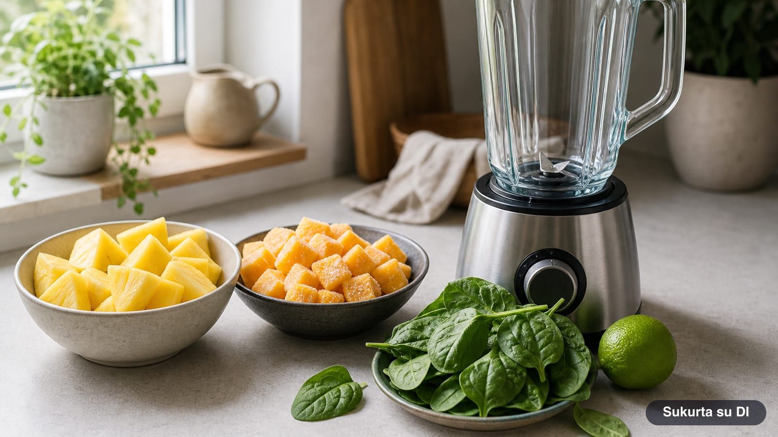 Ananaso gabalėliai, šaldyto mango kubeliai, špinatai ir laimas šalia trintuvo glotnučiui gaminti