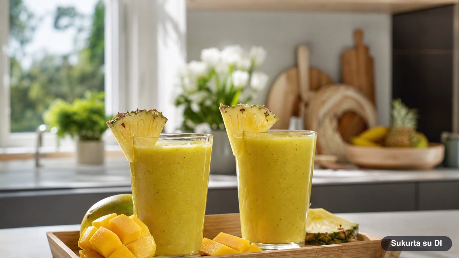 Du gelsvai žali glotnučiai stiklinėse su ananaso skiltelėmis ir mango gabalėliais ant medinio padėklo