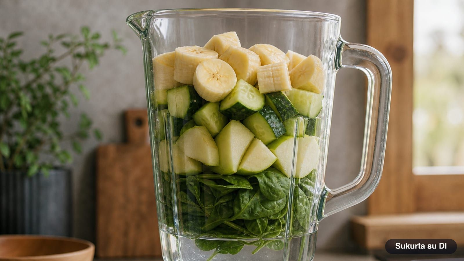 Trintuvo inde sluoksniais sudėti žalio kokteilio ingredientai: vanduo, špinatai, obuolio skiltelės, agurkas ir banano gabalėliai