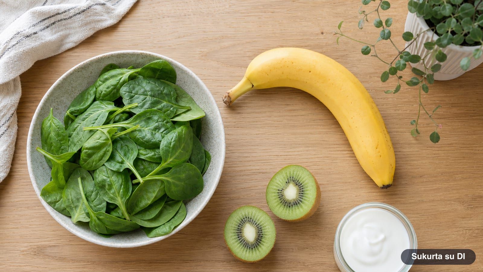 Jauni špinatų lapai, bananas, perpjautas kivis ir natūralaus jogurto indelis ant virtuvės stalo kokteiliui su špinatais