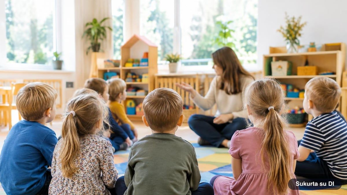 Vaikai ant kilimo darželyje juokiasi tardami greitakalbes