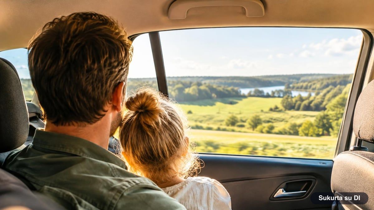 Tėtis su vaiku automobilio gale žaidžia kelionėje žodžių žaidimą